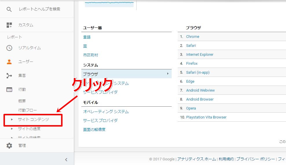 『行動』→『サイトコンテンツ』→『すべてのページ』